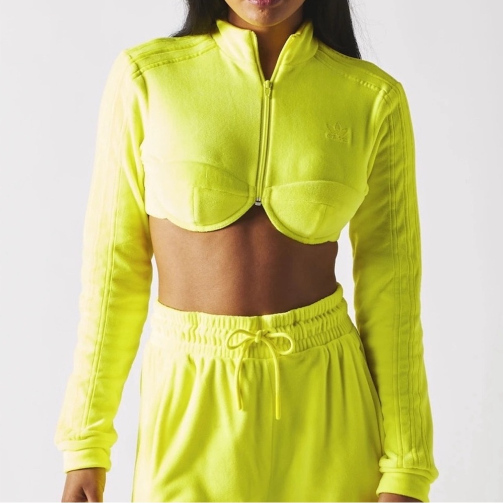adidas Neon Yellow Cropped Zip-Up Long Sleeve Top